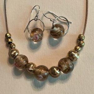 ARTISAN Pink Rose Golden Sand Vintage Lampwork Beads Cord Necklace Earrings Set